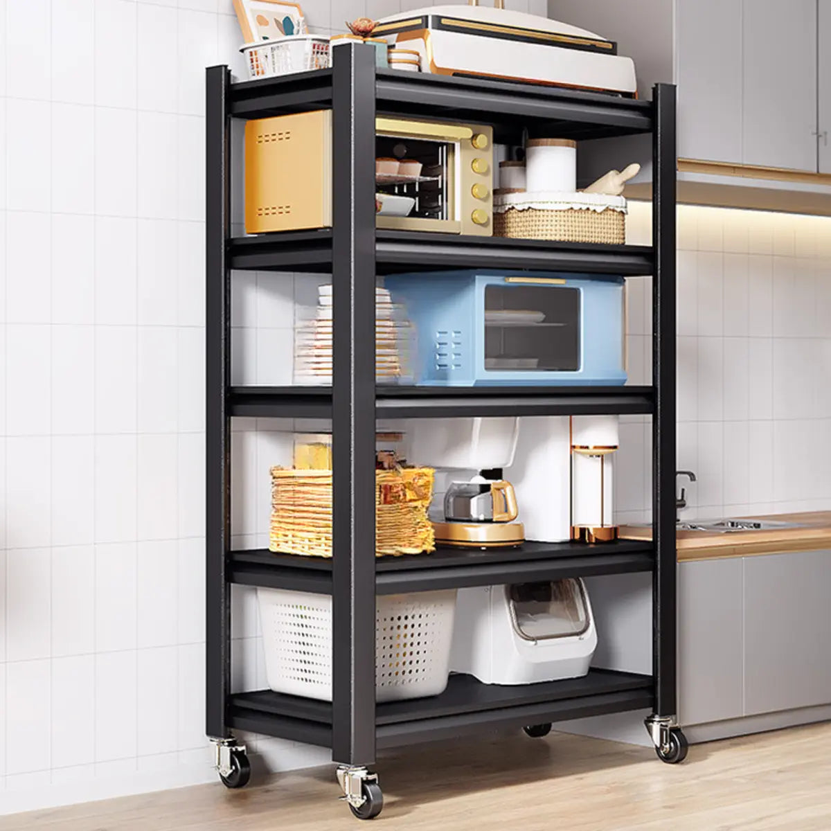 Black Metal Standard Width Baker's Rack with Shelves