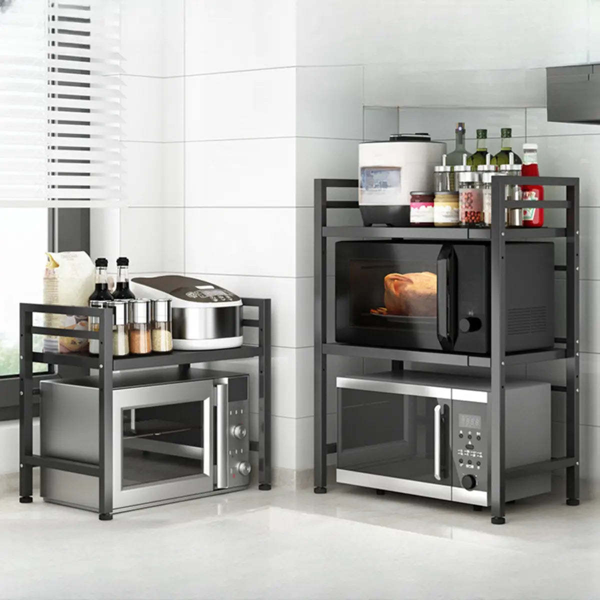 Black Metal Baker's Rack with Microwave Shelf — Black / Bread Rack & Hooks