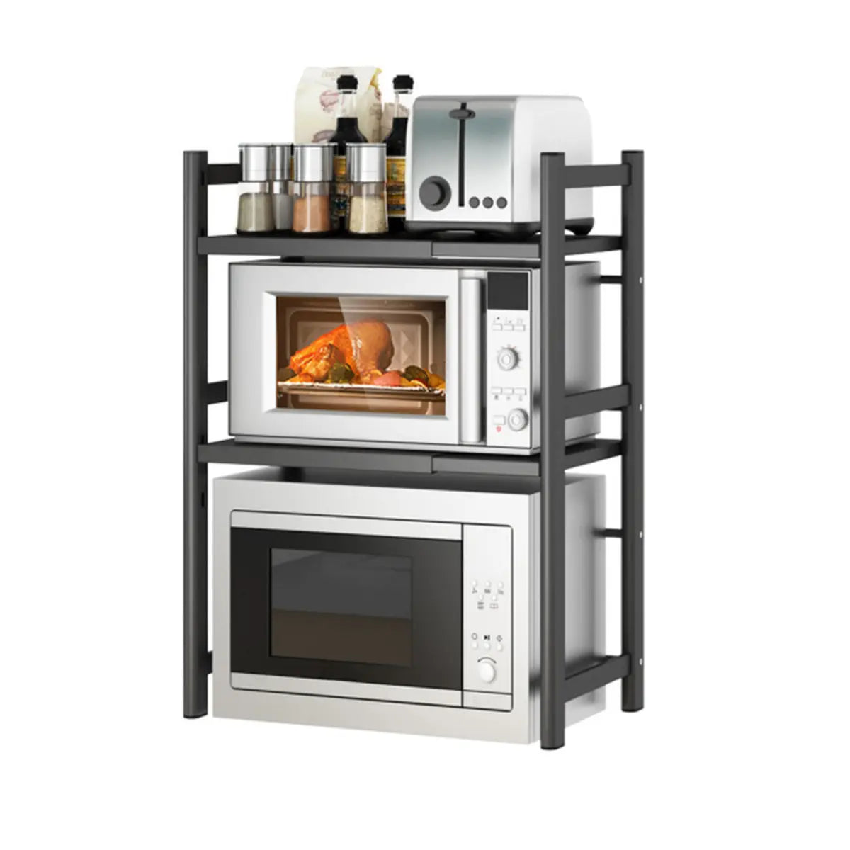 Black Metal Baker's Rack with Microwave Shelf — Black / Bread Rack&Hooks&Knife Holder&Chopstick Tube&Cutting Board Rack