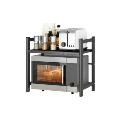 Black Metal Baker's Rack with Microwave Shelf — Black / Bread Rack & Hook & Knife Rack & Chopstick Holder