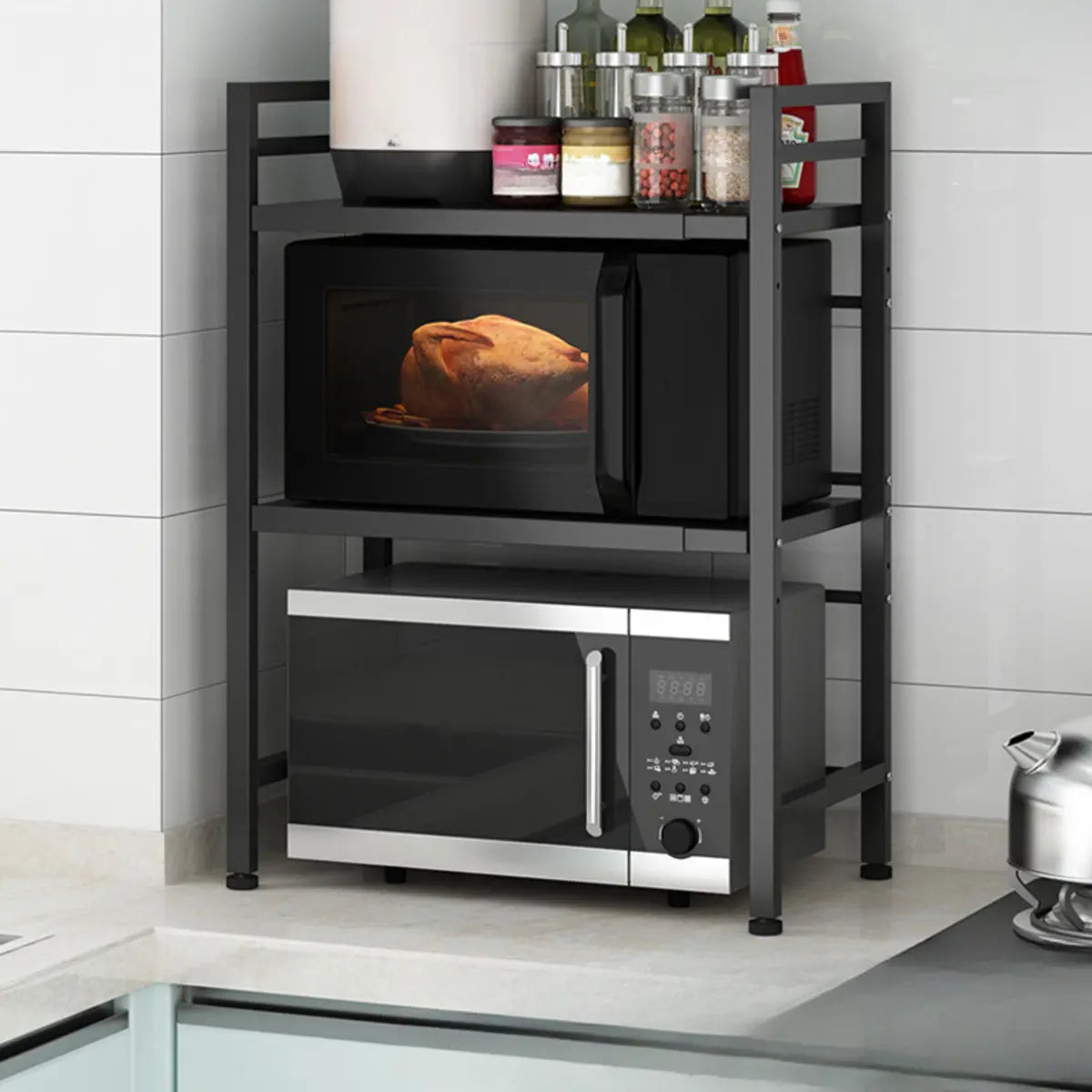 Black Metal Baker's Rack with Microwave Shelf — White / Bread Rack & Hooks