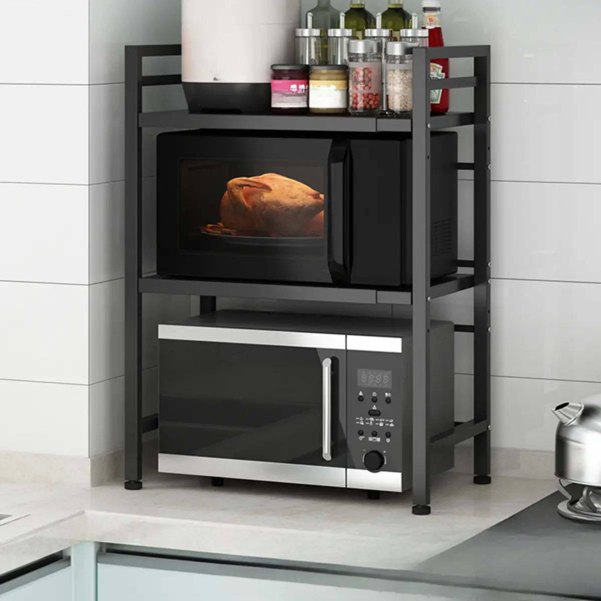 Black Metal Baker's Rack with Microwave Shelf — White / Bread Rack & Hooks