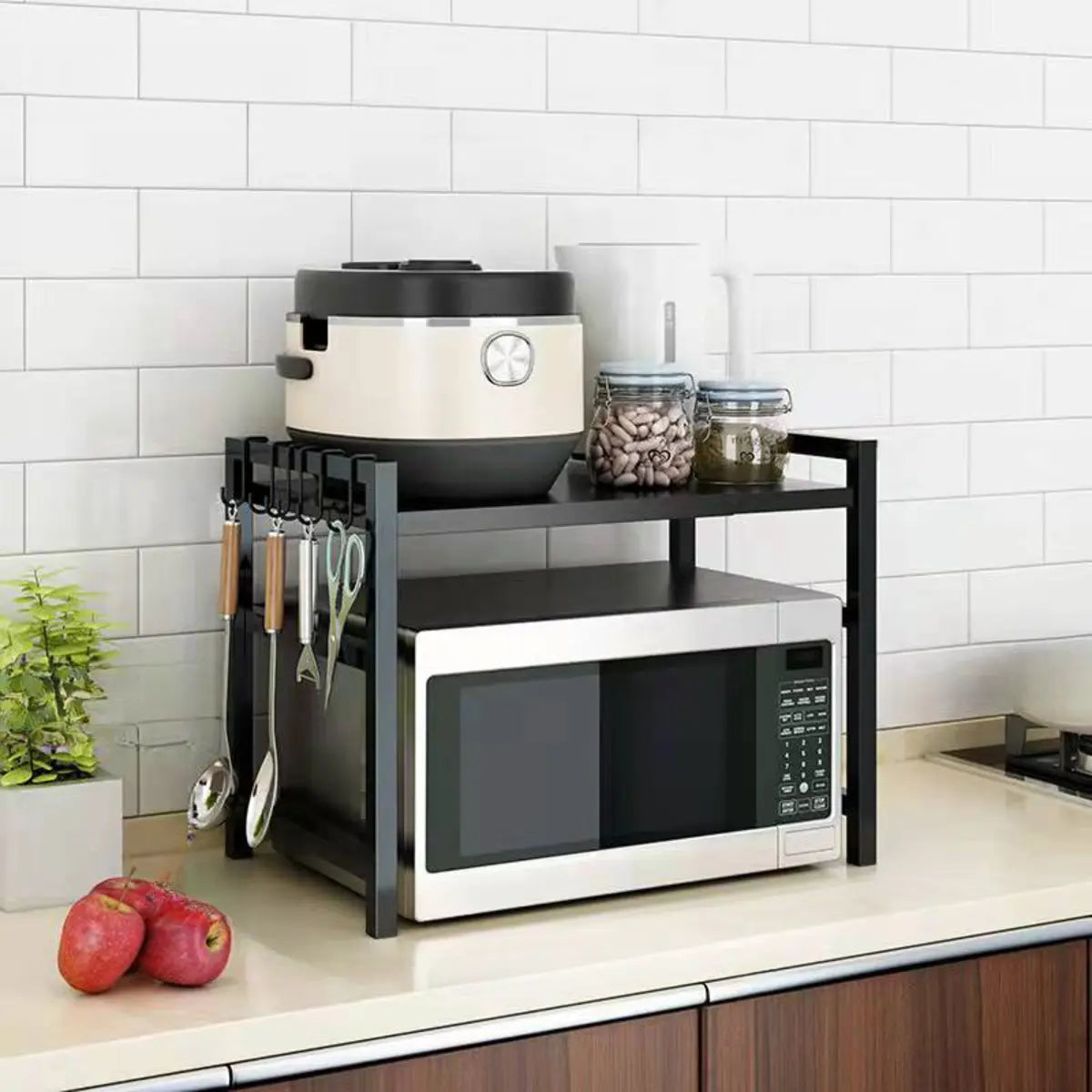 Black Metal Baker's Rack with Microwave Shelf — Black / Bread Rack & Hooks