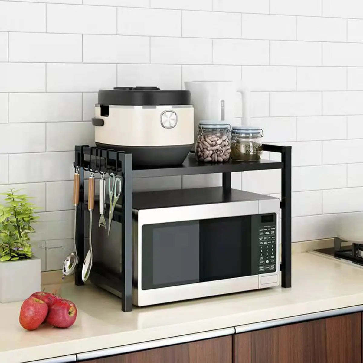 Black Metal Baker's Rack with Microwave Shelf — Black / Bread Rack & Hooks