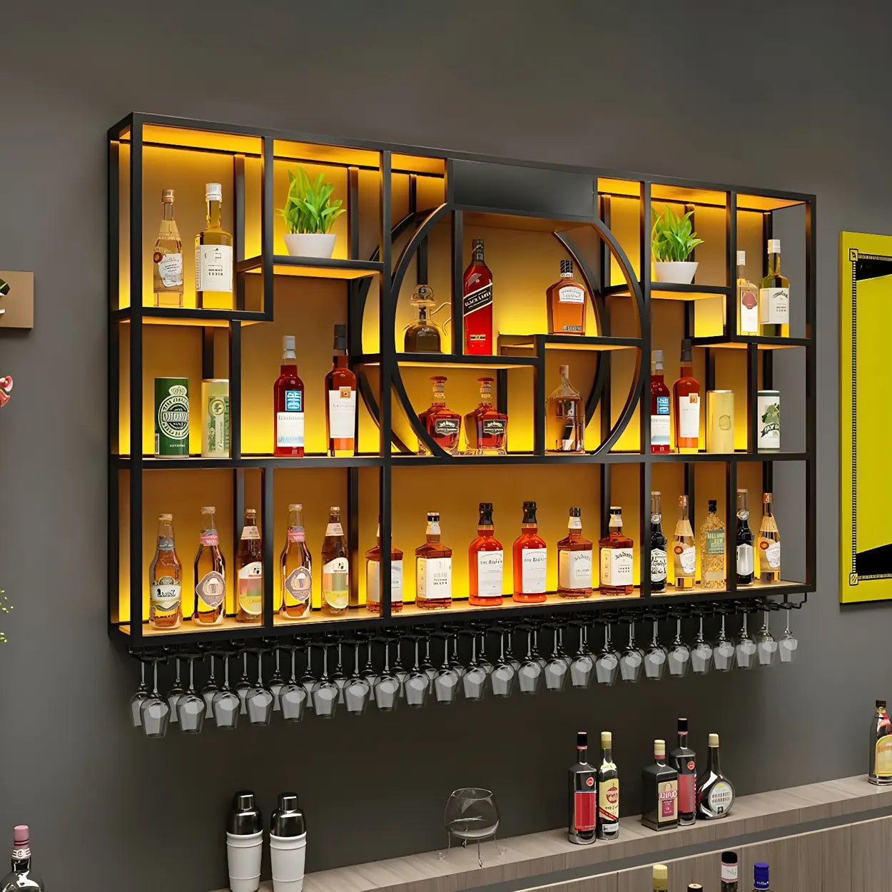 Black Metal Wall-Mounted Wine Rack with Glass Holder