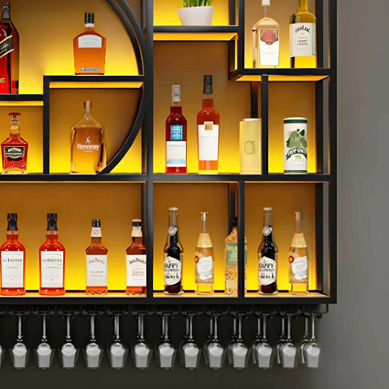 Black Metal Wall-Mounted Wine Rack with Glass Holder