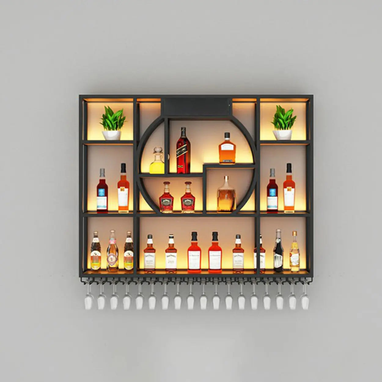 Black Metal Wall-Mounted Wine Rack with Glass Holder