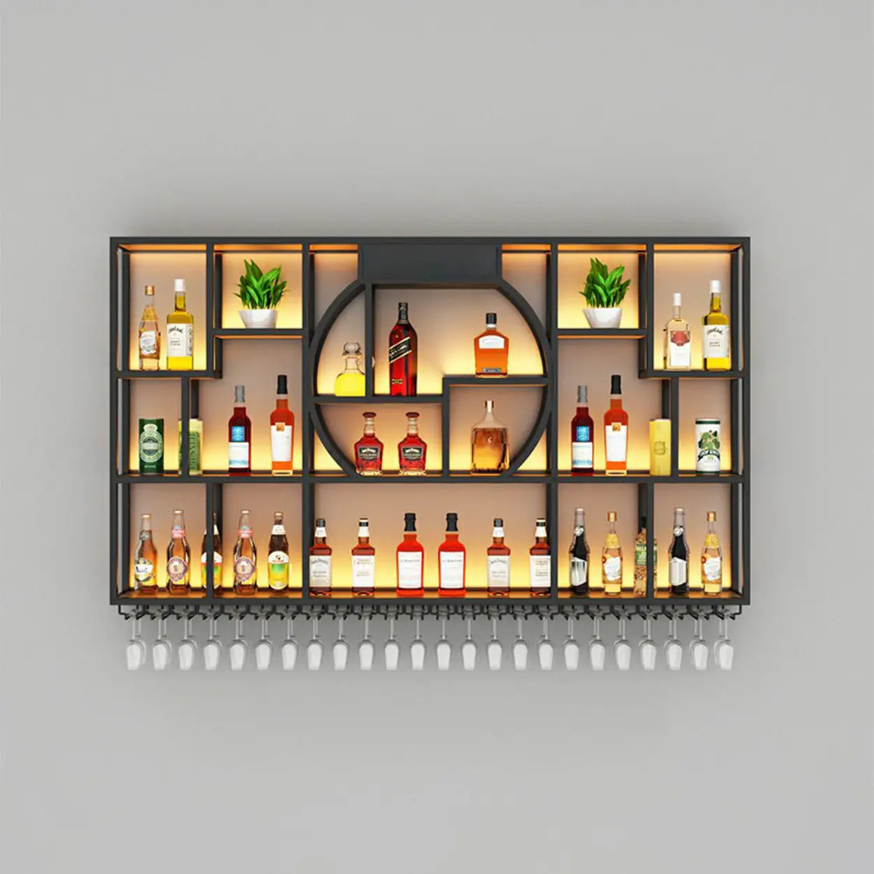 Black Metal Wall-Mounted Wine Rack with Glass Holder