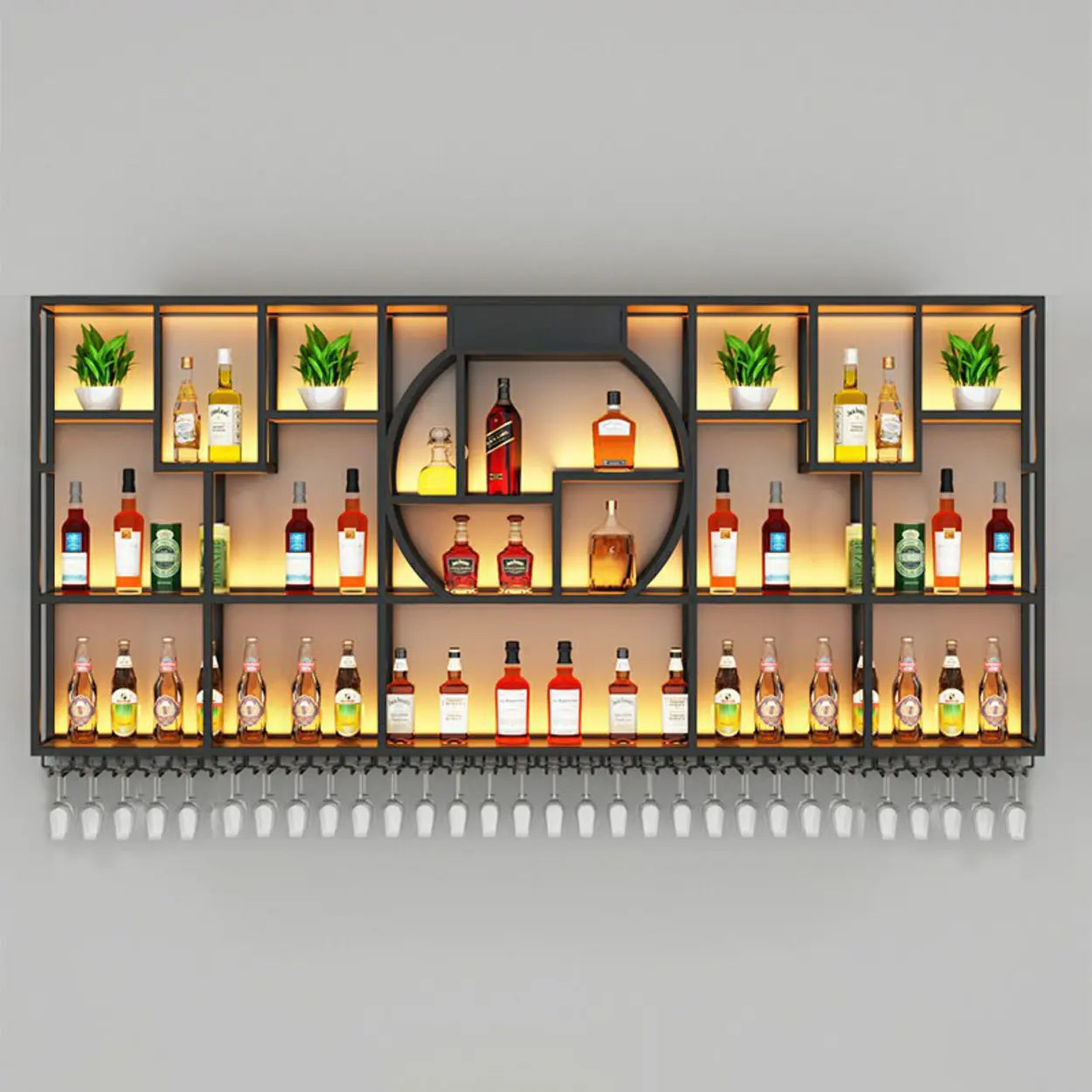 Black Metal Wall-Mounted Wine Rack with Glass Holder