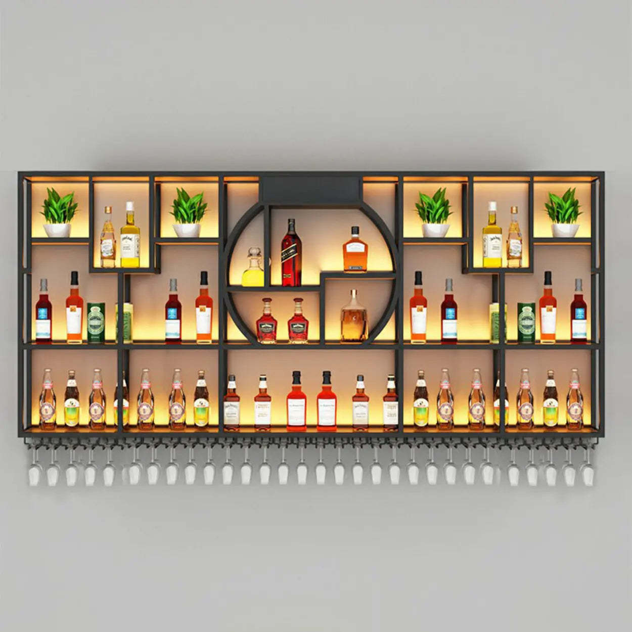 Black Metal Wall-Mounted Wine Rack with Glass Holder