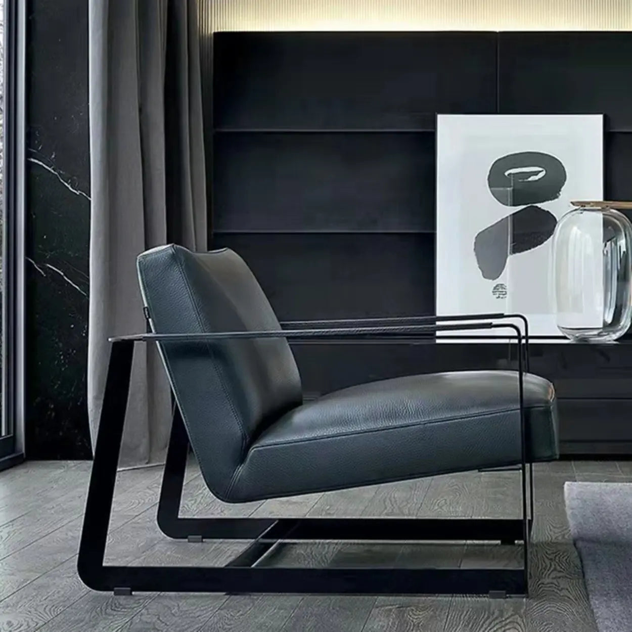 Black Microfiber Leather Reclining Lounge Chair — Black / Blue / Microfiber Leather