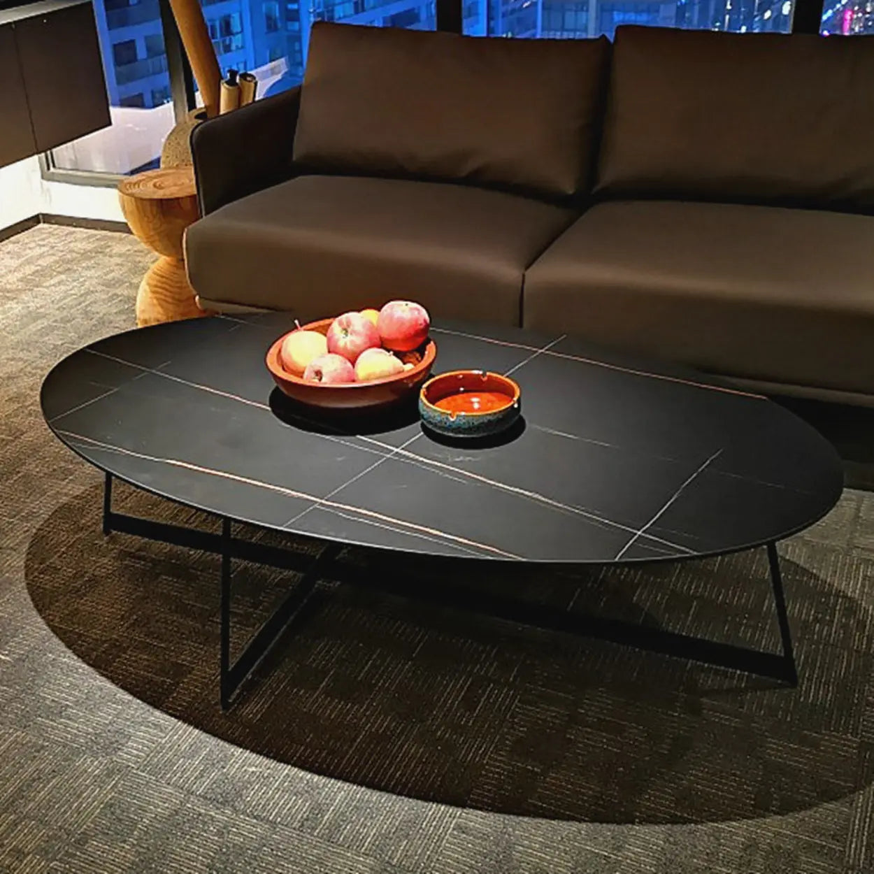Black Oval Stone Steel Cross-Leg Coffee Table