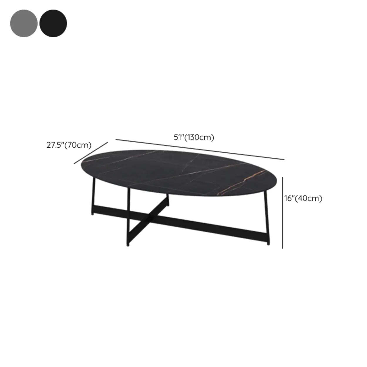 Black Oval Stone Steel Cross-Leg Coffee Table — Grey