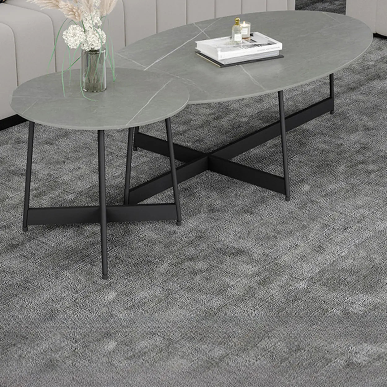 Black Oval Stone Steel Cross-Leg Coffee Table — Grey