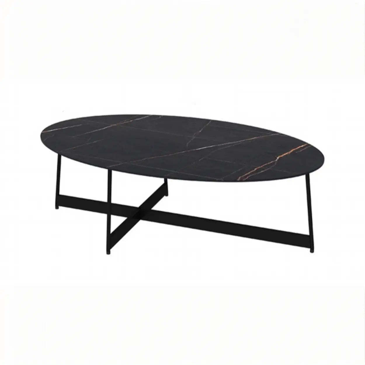 Black Oval Stone Steel Cross-Leg Coffee Table — Grey