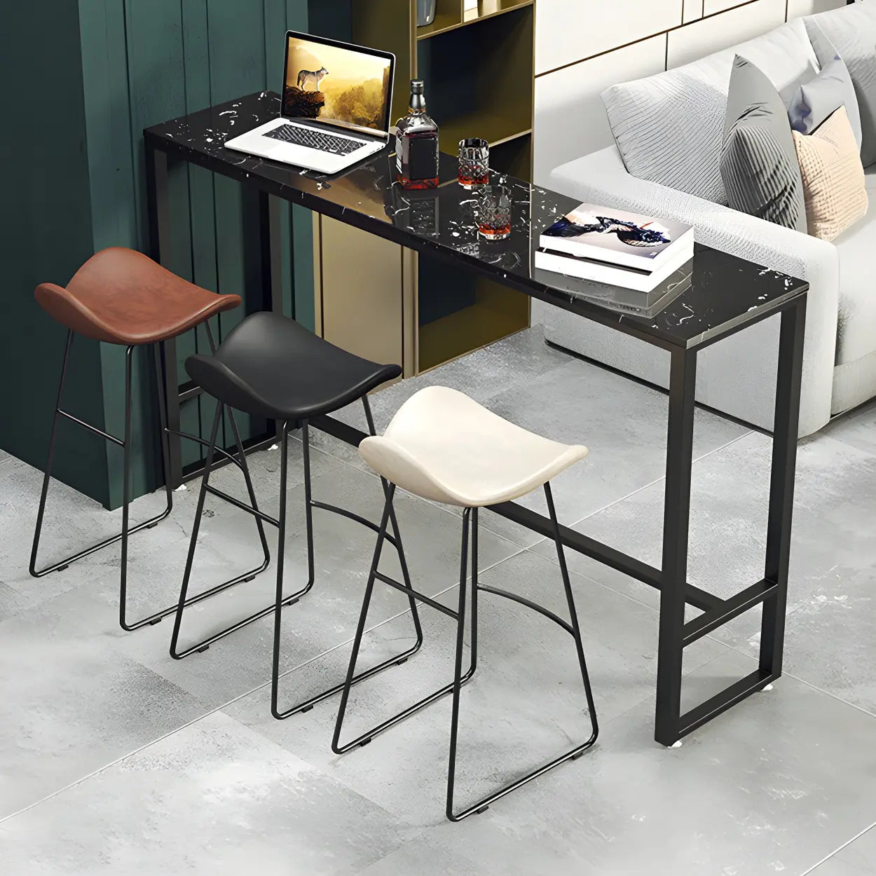 Black Rectangular Marble Console Bar Table with Footrest — Black / Table Only