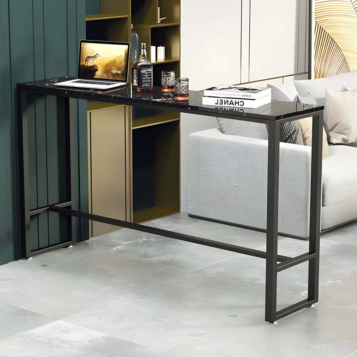 Black Rectangular Marble Console Bar Table with Footrest — Black / Table Only