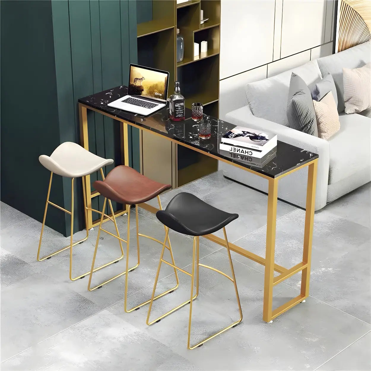 Black Rectangular Marble Console Bar Table with Footrest — White-Black / Table Only