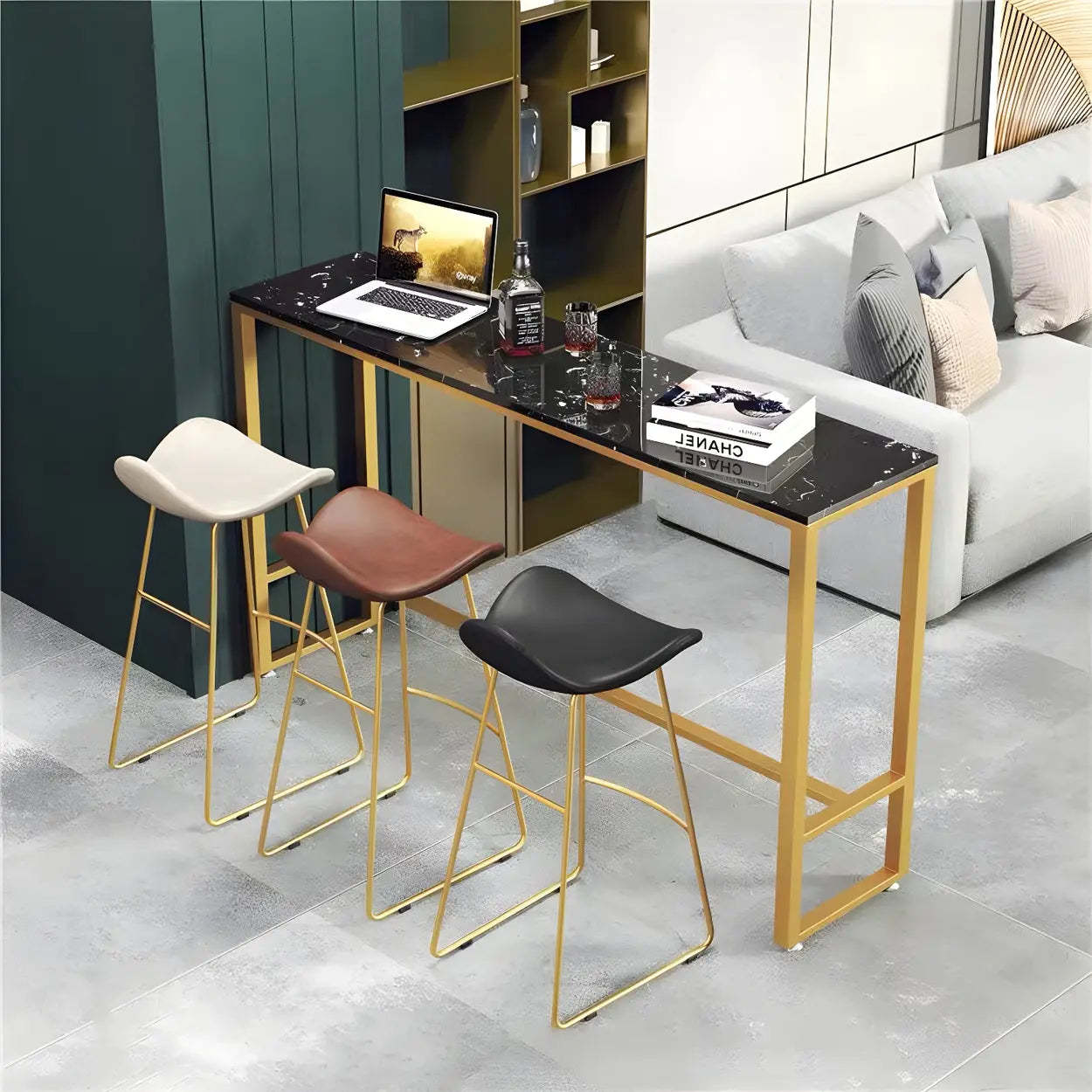 Black Rectangular Marble Console Bar Table with Footrest — White-Black / Table Only