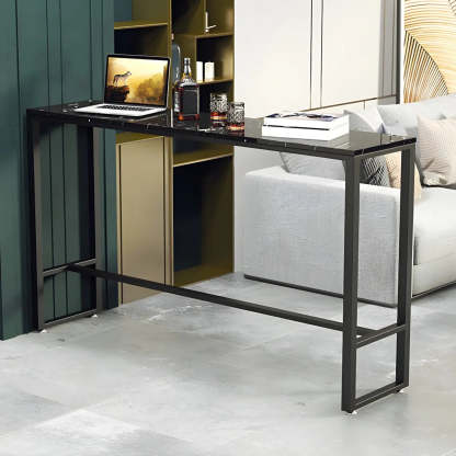 Black Rectangular Marble Console Bar Table with Footrest — Gold-Black / Table Only