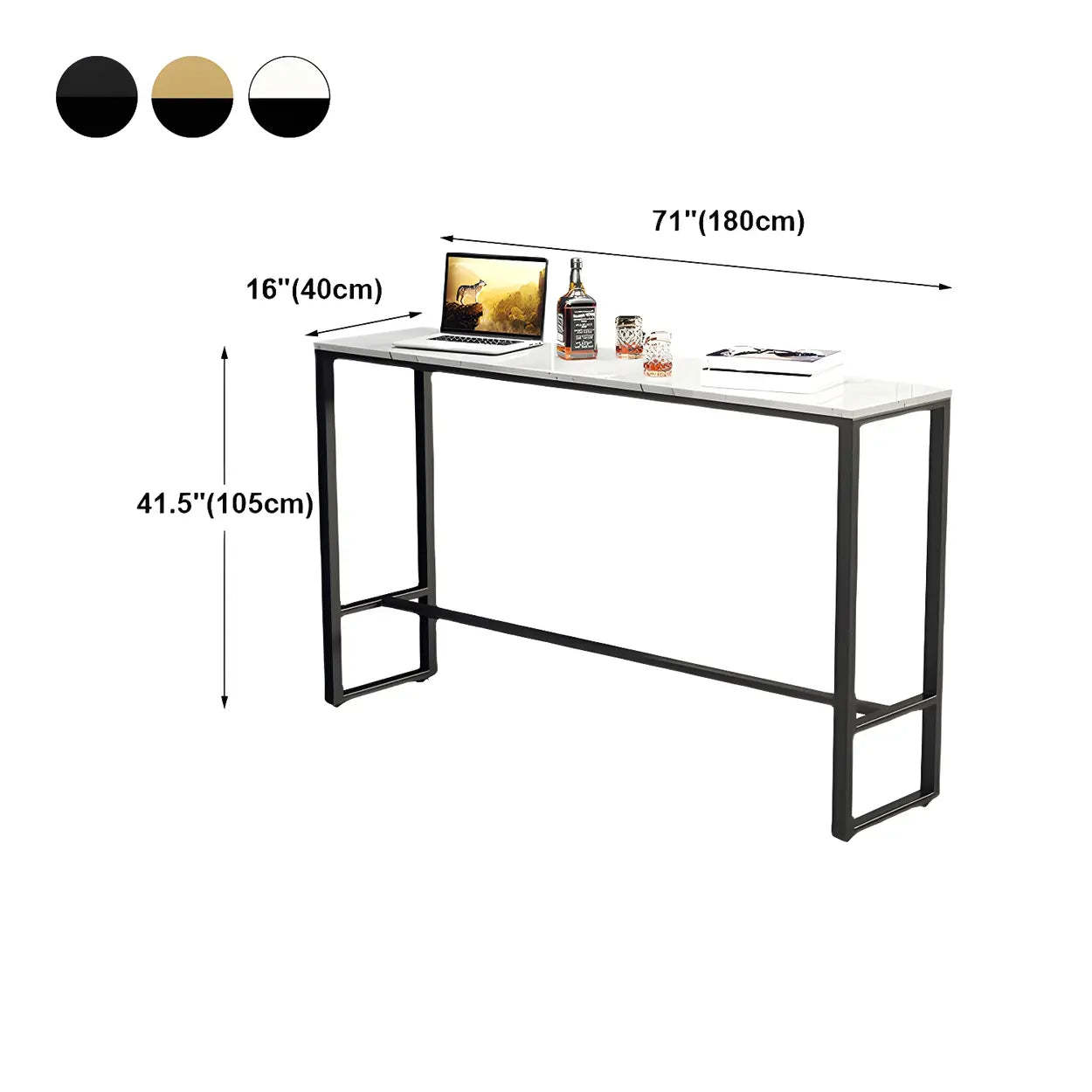 Black Rectangular Marble Console Bar Table with Footrest — White-Black / Table Only