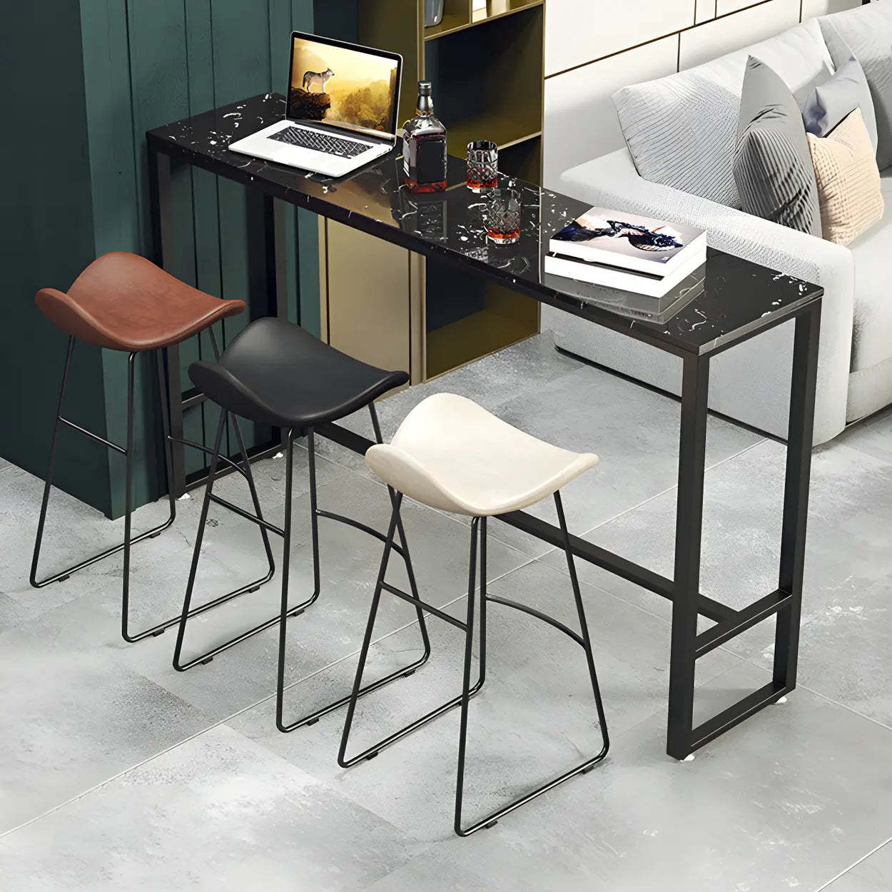 Black Rectangular Marble Console Bar Table with Footrest — Black / Table Only