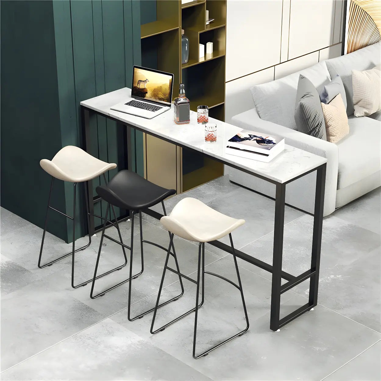 Black Rectangular Marble Console Bar Table with Footrest — White-Black / Table Only
