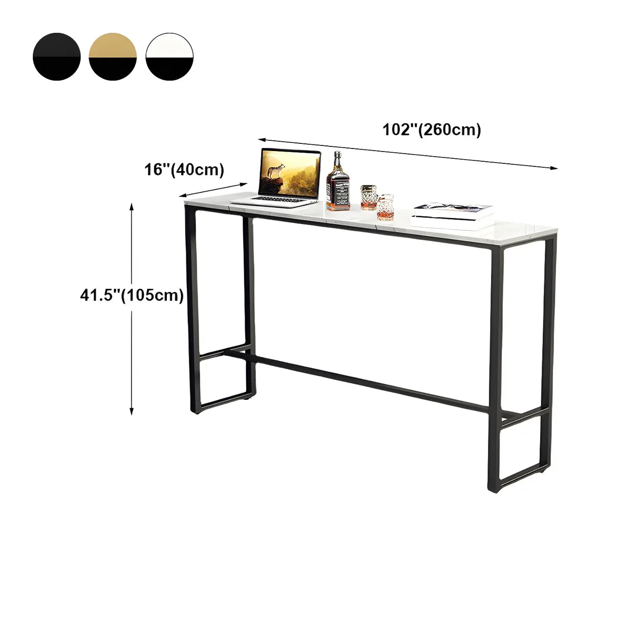 Black Rectangular Marble Console Bar Table with Footrest — Gold-Black / Table Only
