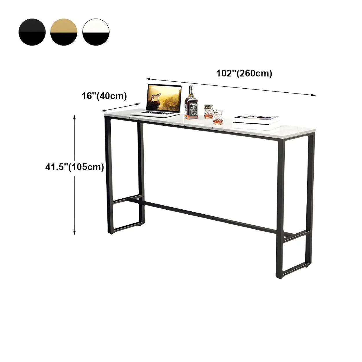 Black Rectangular Marble Console Bar Table with Footrest — Gold-Black / Table Only