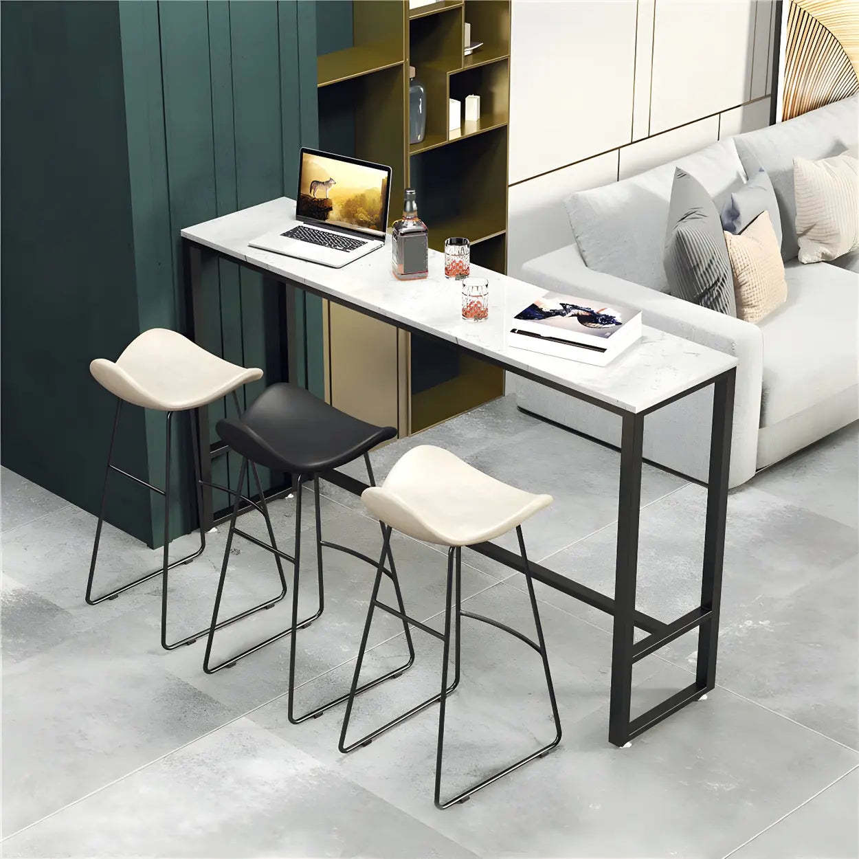Black Rectangular Marble Console Bar Table with Footrest — White-Black / Table Only