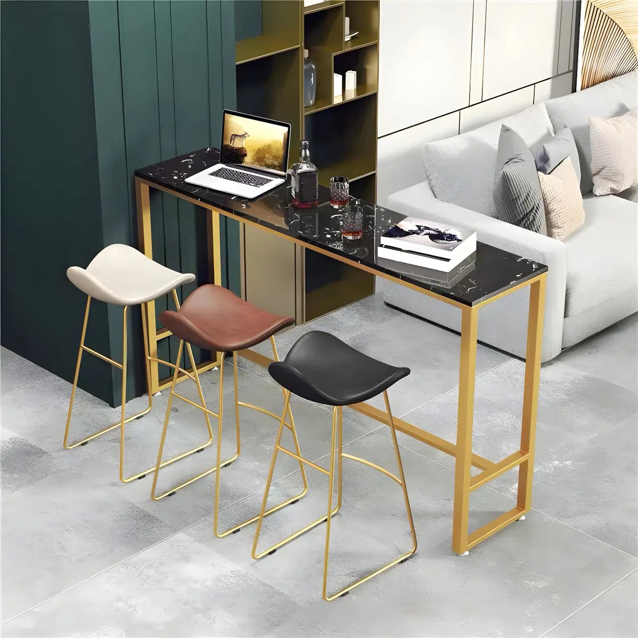 Black Rectangular Marble Console Bar Table with Footrest — Gold-Black / Table Only