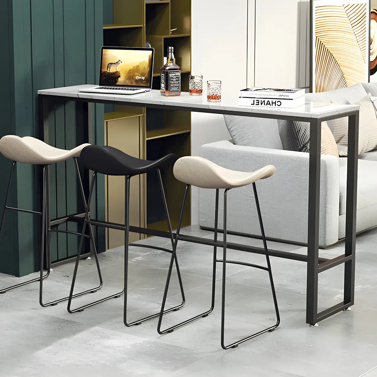 Black Rectangular Marble Console Bar Table with Footrest — Black / Table Only