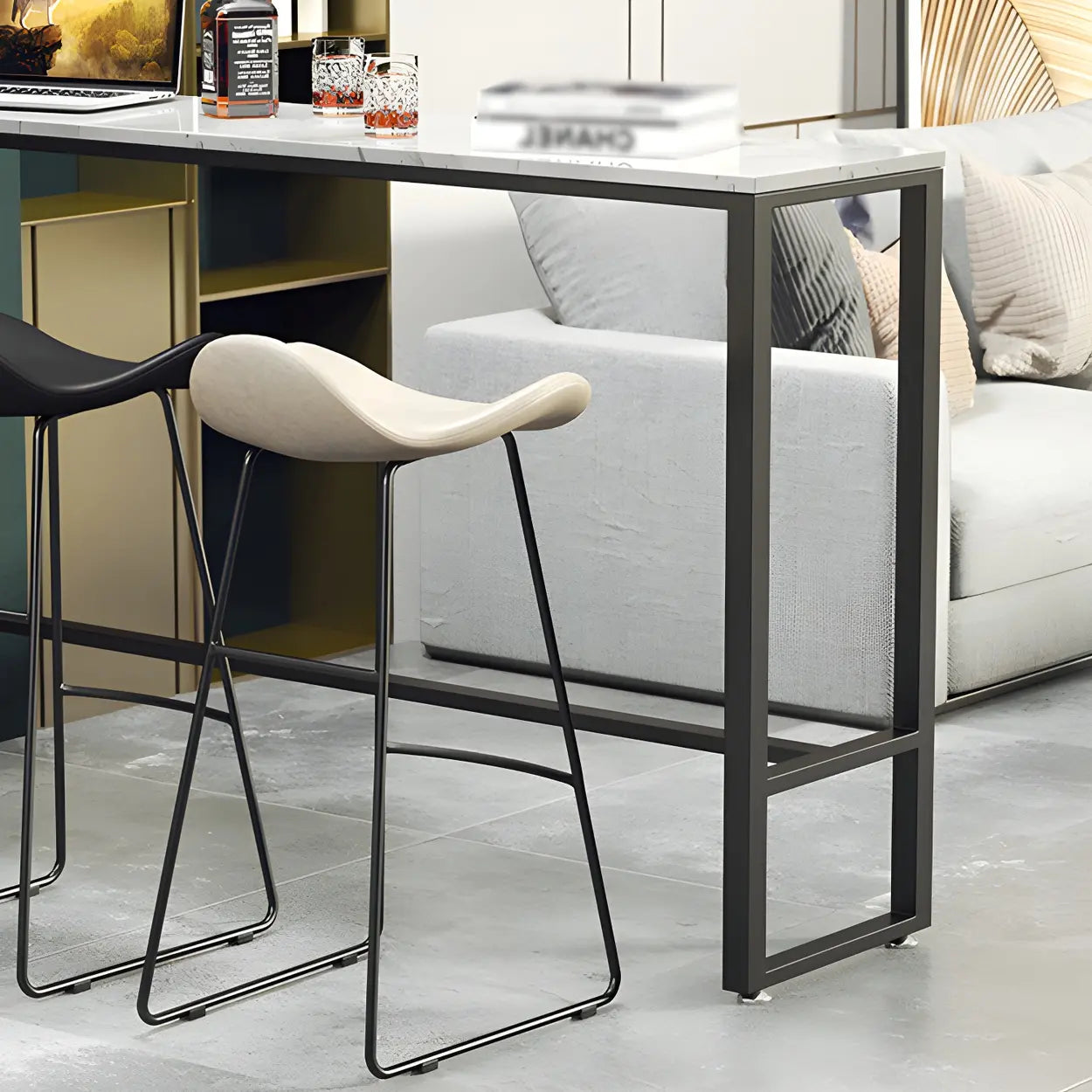 Black Rectangular Marble Console Bar Table with Footrest — White-Black / Table Only