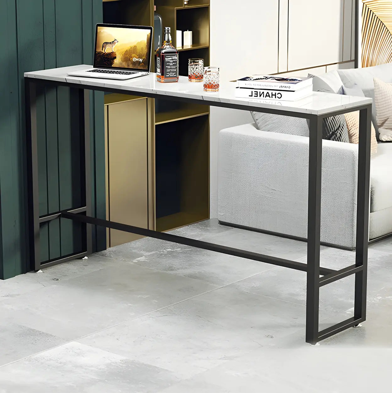 Black Rectangular Marble Console Bar Table with Footrest — Gold-Black / Table Only