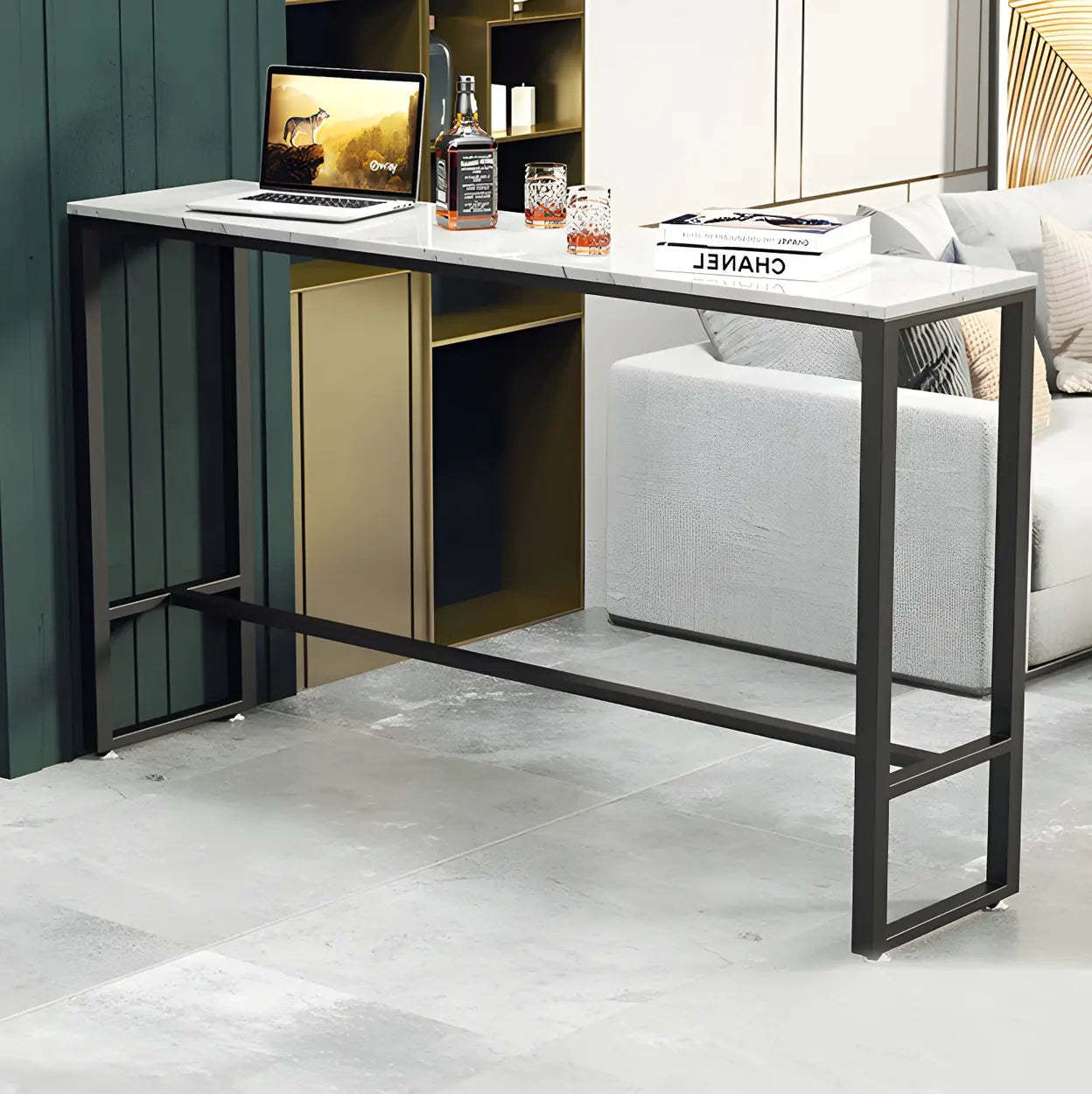Black Rectangular Marble Console Bar Table with Footrest — Gold-Black / Table Only