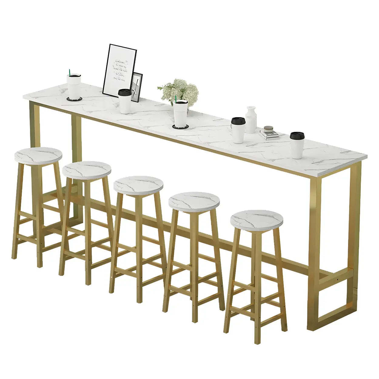 Rectangular Wood Bar Table with Footrest — White-Gold / Without Chairs