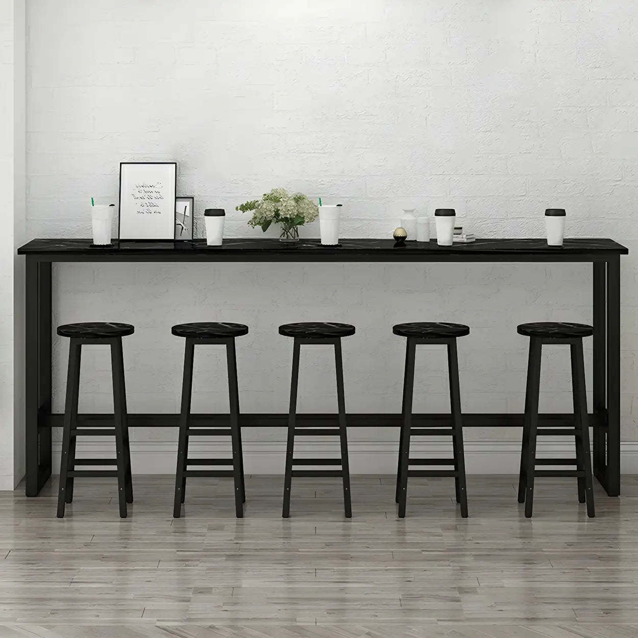 Rectangular Wood Bar Table with Footrest — Black-Gold / Without Chairs
