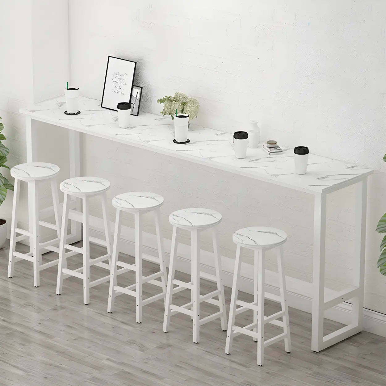 Rectangular Wood Bar Table with Footrest — White / Without Chairs