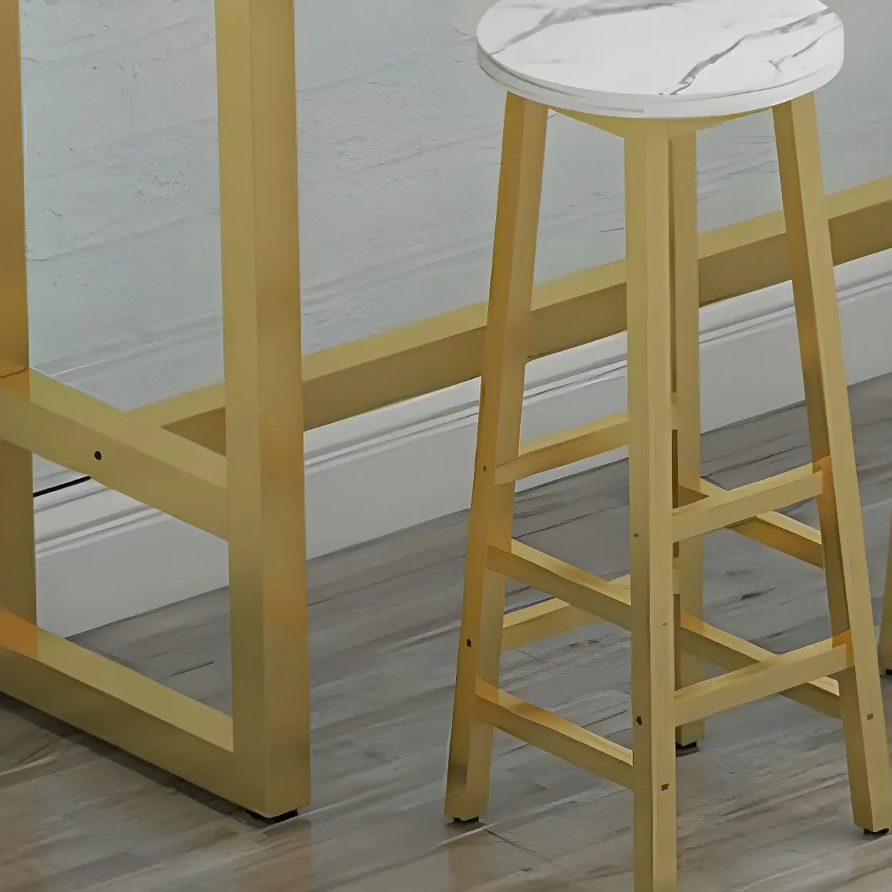 Rectangular Wood Bar Table with Footrest — White-Gold / Without Chairs