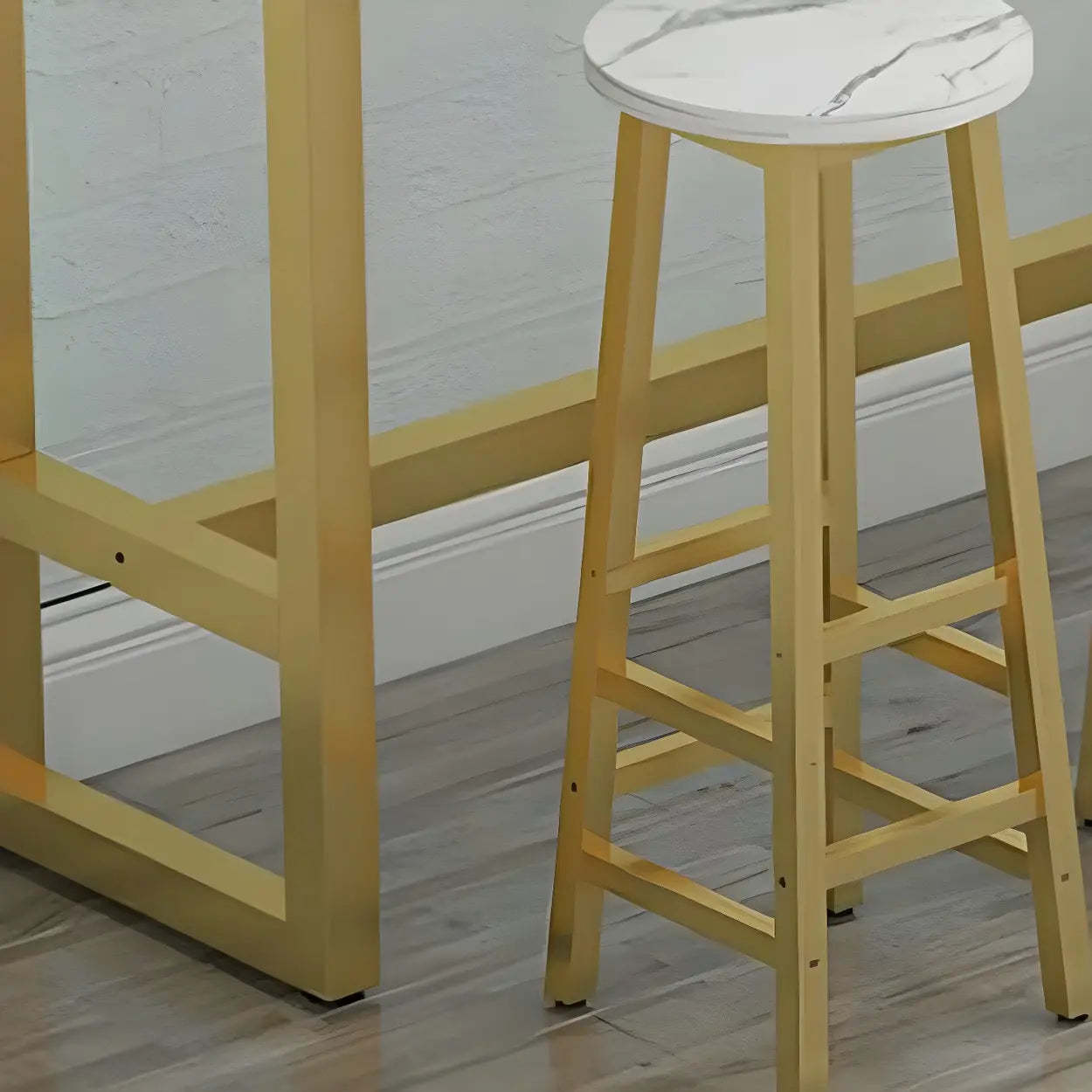 Rectangular Wood Bar Table with Footrest — White-Gold / Without Chairs