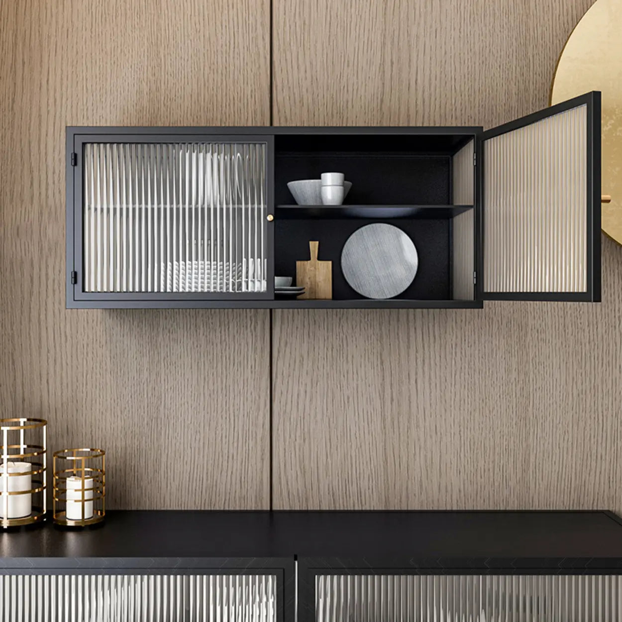 Black Rectangular Alloy Floating Mount China Cabinet