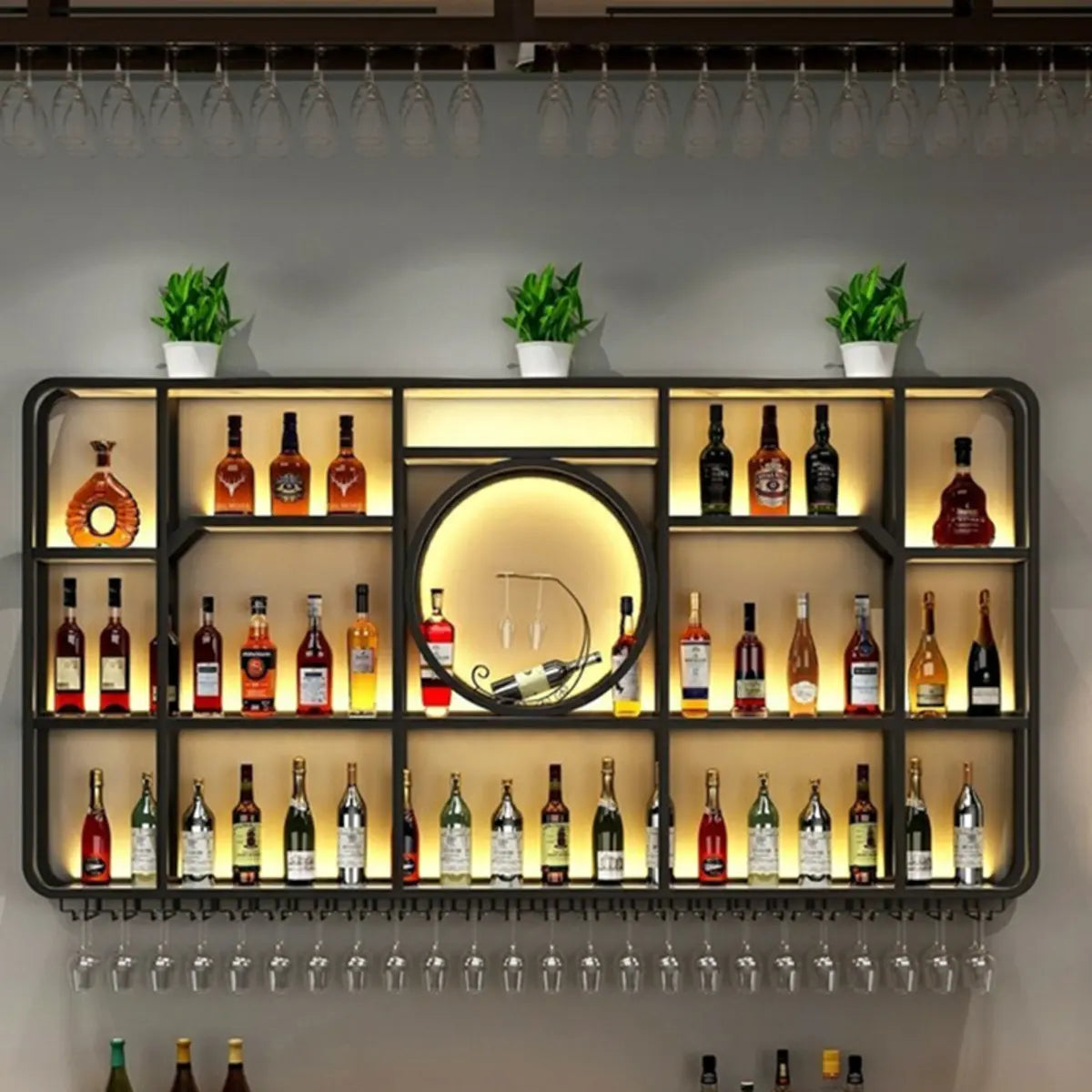 Black Rectangular Metal Floating Wine Rack with Glass Holder — Black