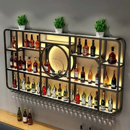 Black Rectangular Metal Floating Wine Rack with Glass Holder