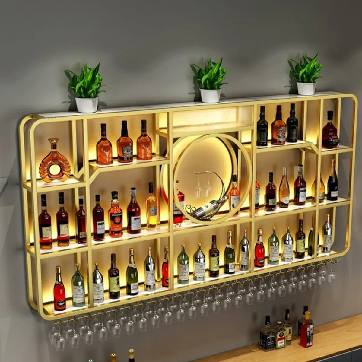 Black Rectangular Metal Floating Wine Rack with Glass Holder