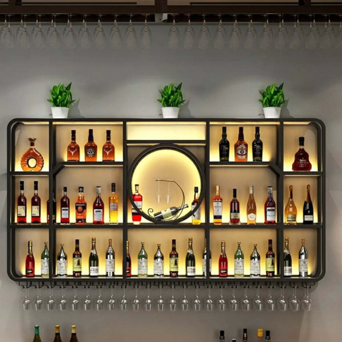 Black Rectangular Metal Floating Wine Rack with Glass Holder — Black