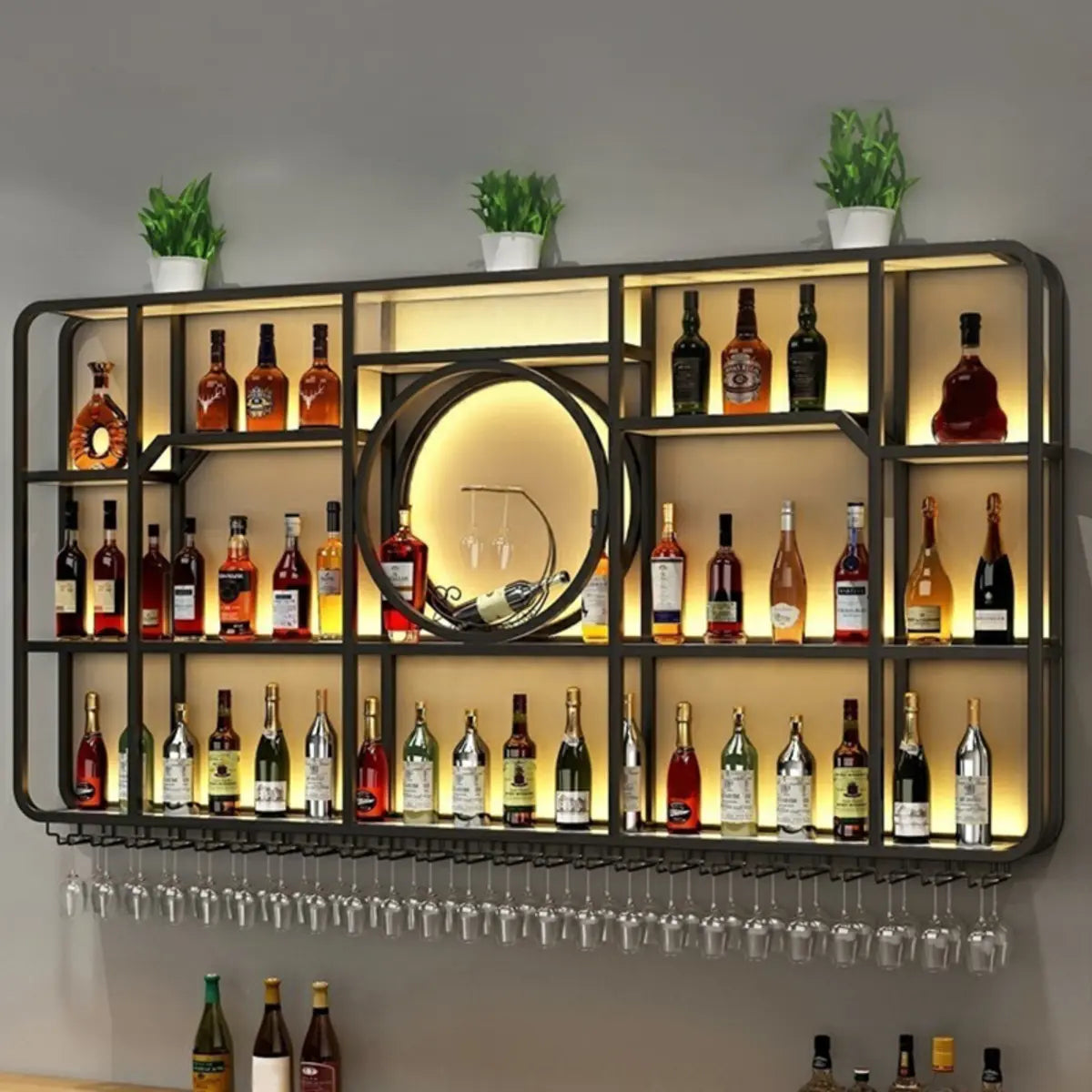 Black Rectangular Metal Floating Wine Rack with Glass Holder — Gold