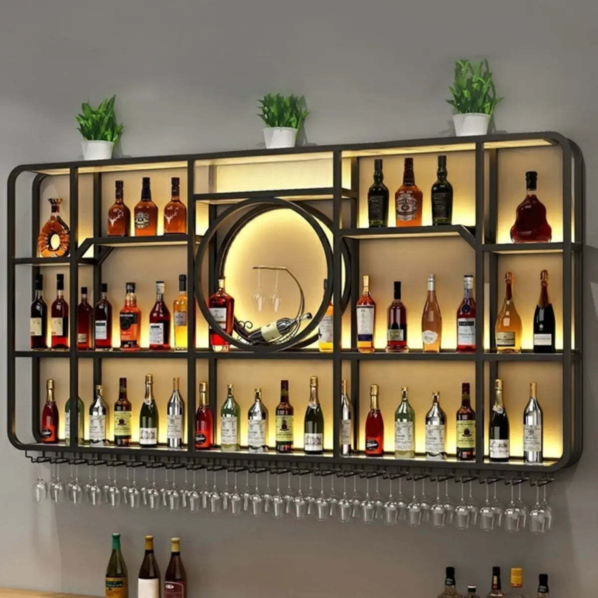Black Rectangular Metal Floating Wine Rack with Glass Holder — Gold