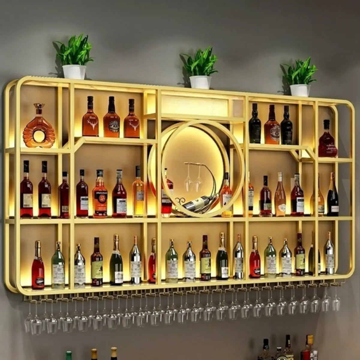 Black Rectangular Metal Floating Wine Rack with Glass Holder — Gold