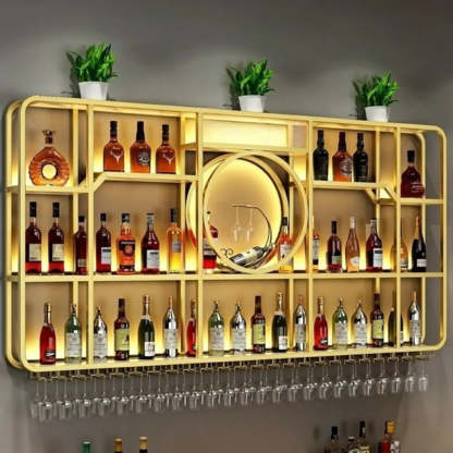 Black Rectangular Metal Floating Wine Rack with Glass Holder — Gold