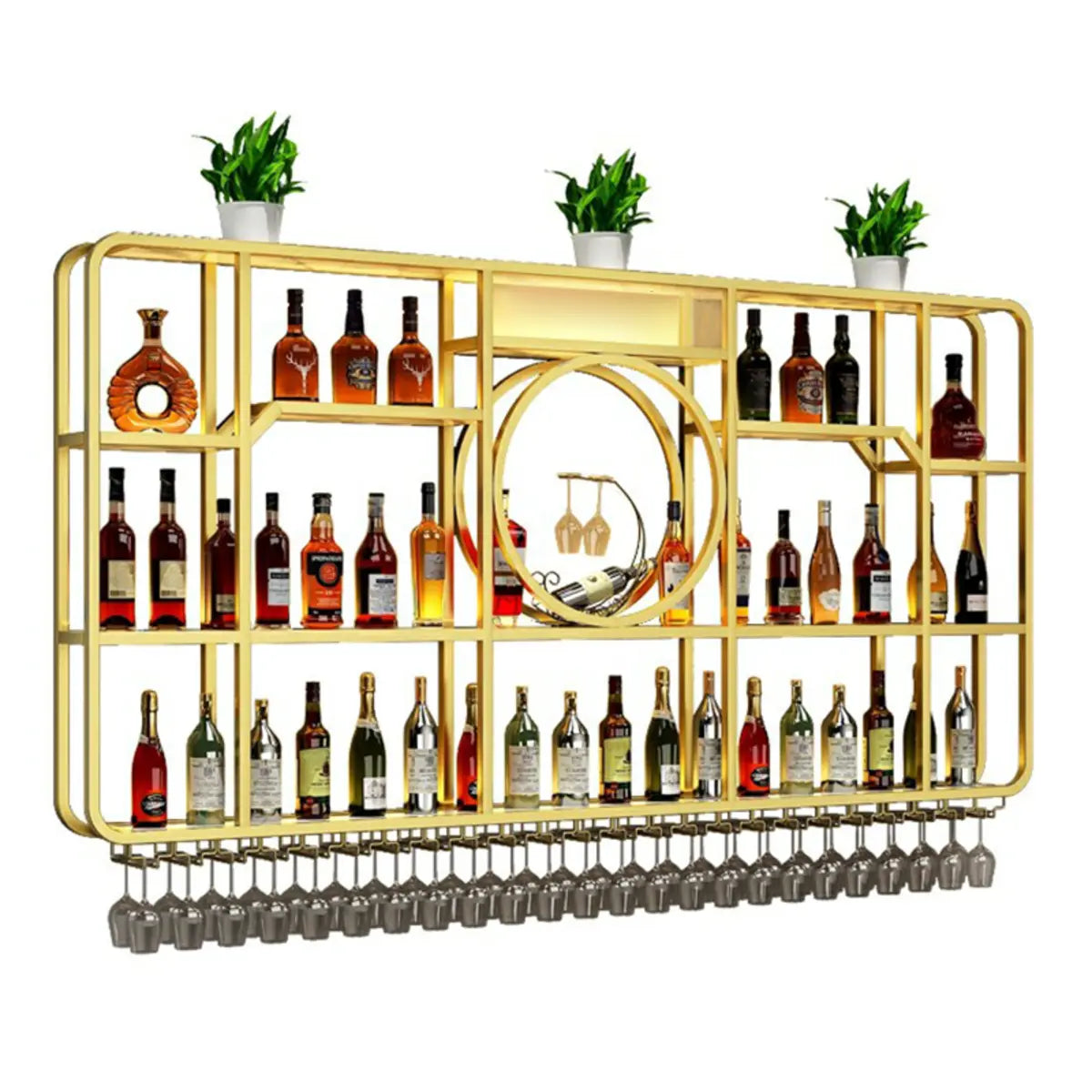 Black Rectangular Metal Floating Wine Rack with Glass Holder — Black
